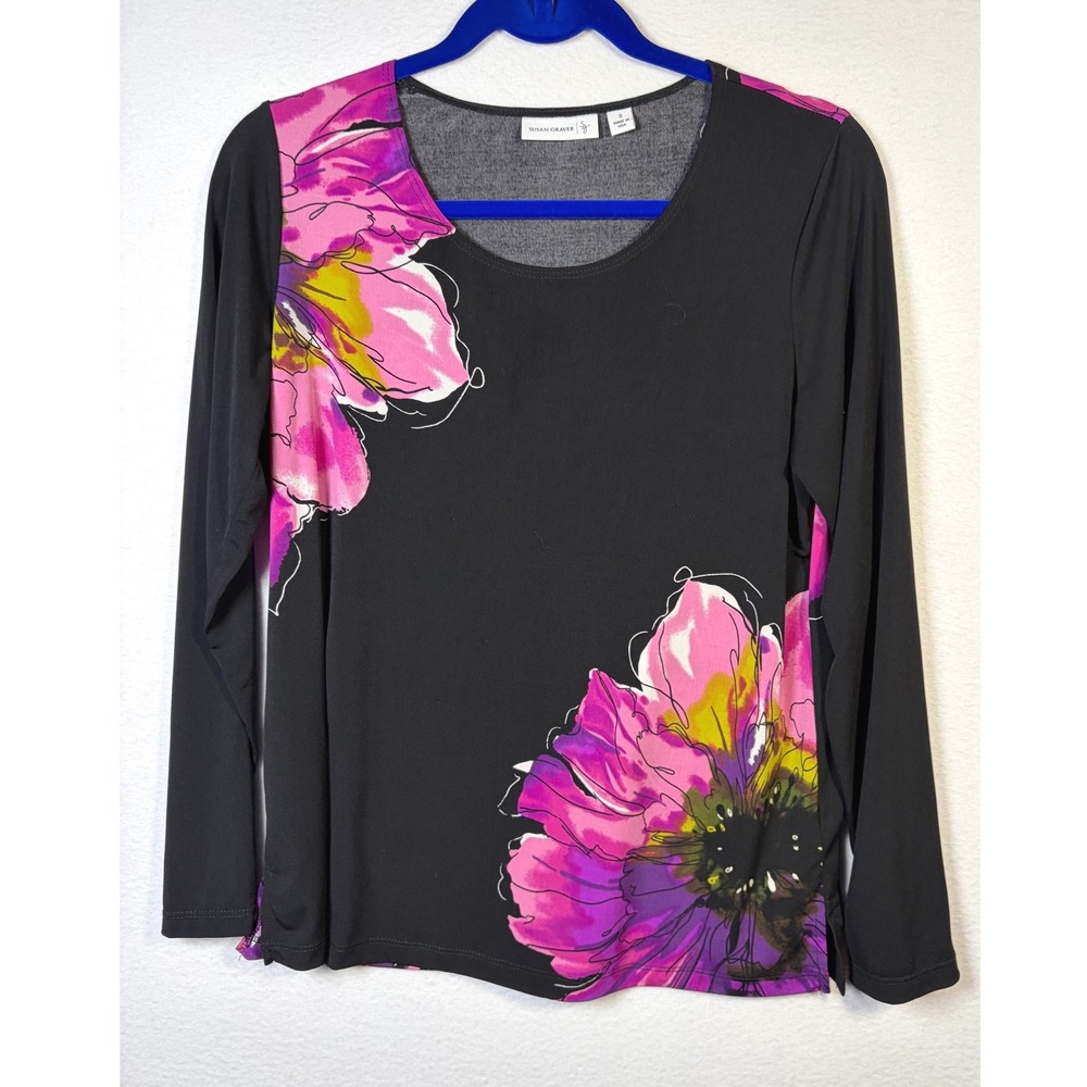Susan Graver Top Women Small Black Excellent Floral Long Sleeve Scoop Neck